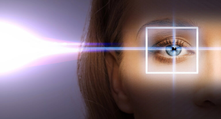 Digital concept image of a woman’s eye being scanned with a light beam, symbolizing corneal diagnostics for keratoconus