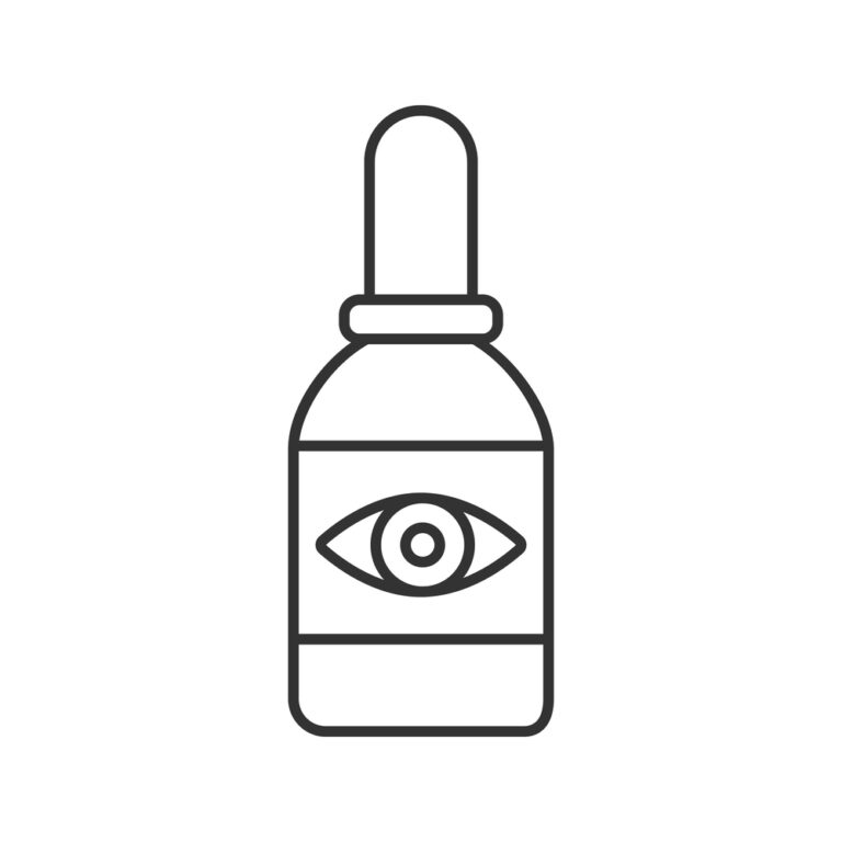 Simple black outline illustration of an eye drop bottle – symbolizing lens cleaning and care