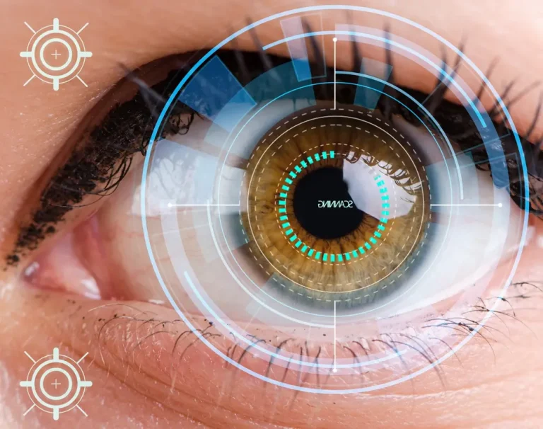 High-tech close-up of a human eye with a digital overlay symbolizing precision scleral lens fitting technology