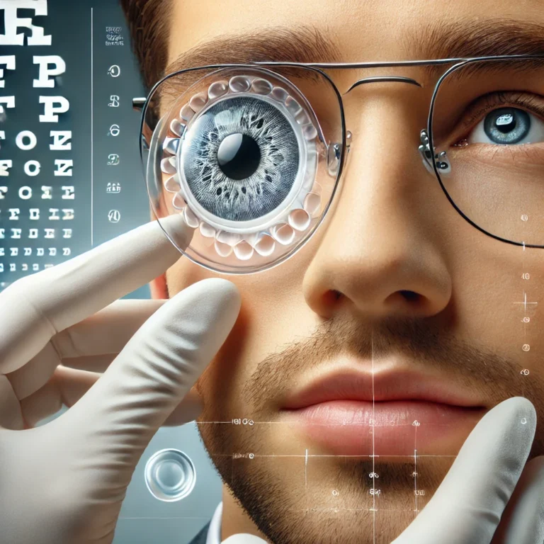 A person wearing specialized scleral lenses during an eye exam, highlighting advanced eye care technology.