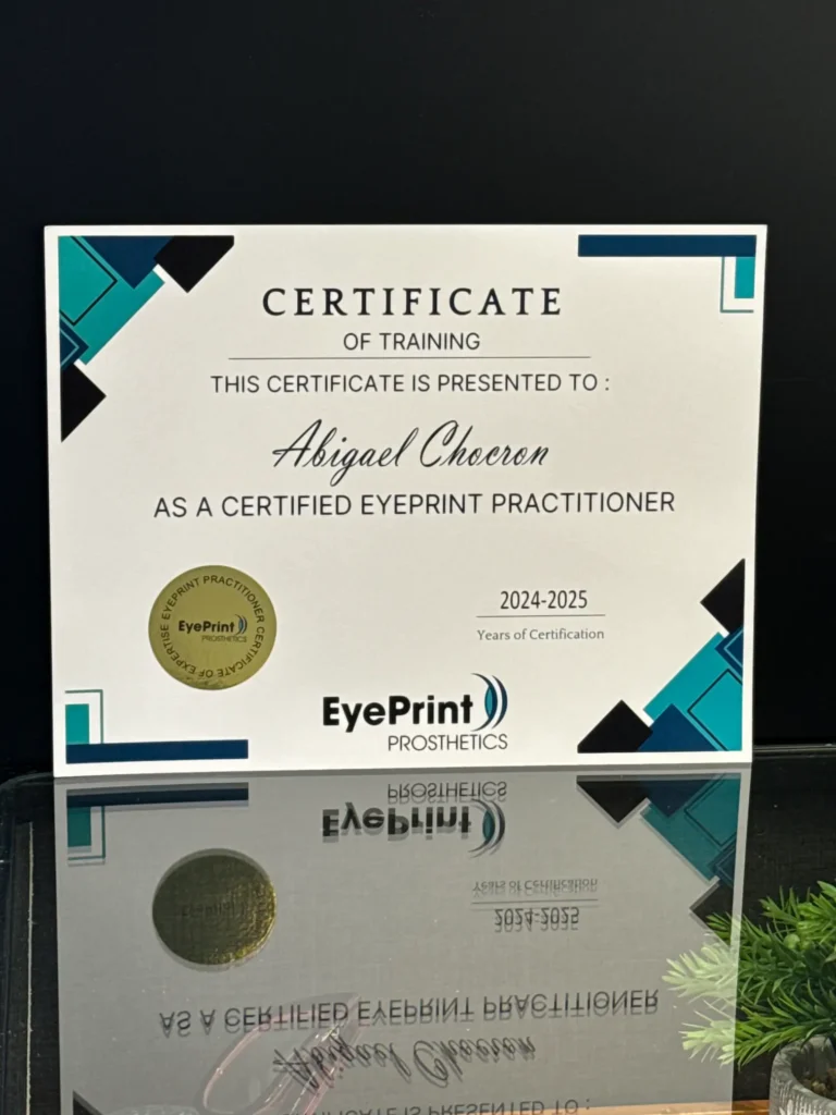 Certified EyePrintPRO practitioner – Abigael Cheeren at MyClinic, officially trained for personalized scleral lens printing.