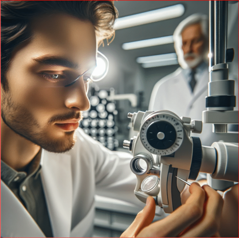 A male optometrist examining a custom impression mold for EyePrintPro scleral lenses, with advanced equipment in the background.