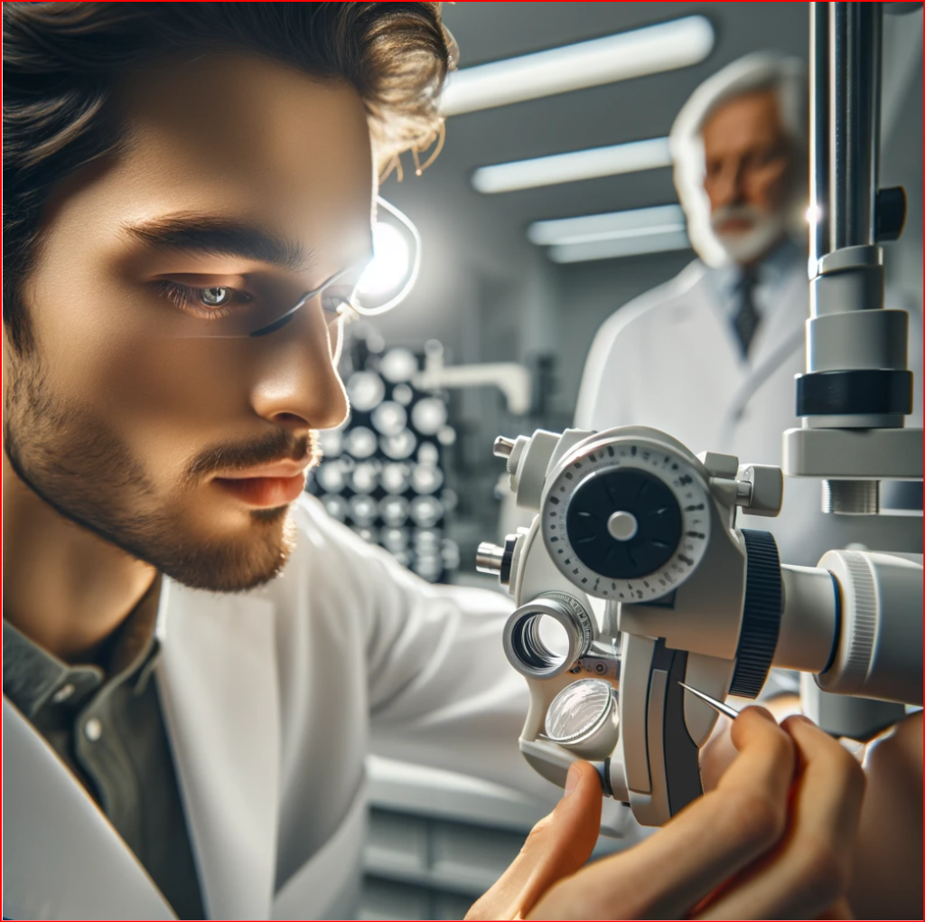 A male optometrist examining a custom impression mold for EyePrintPro scleral lenses, with advanced equipment in the background.