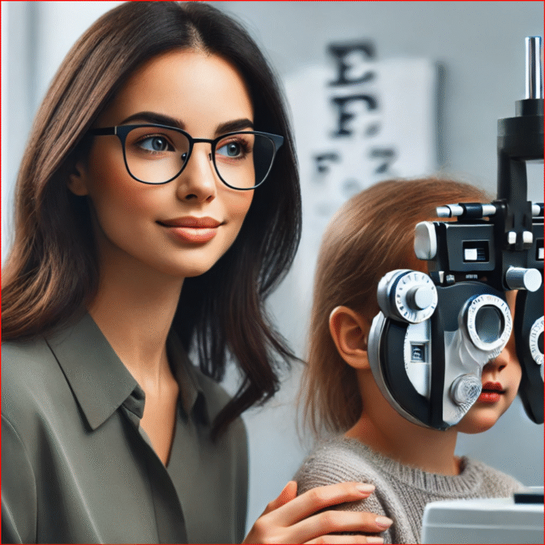Child undergoing eye exam with optometrist using diagnostic equipment