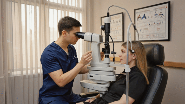 An eye specialist fitting a scleral lens for a female patient using a slit lamp during a custom contact lens evaluation