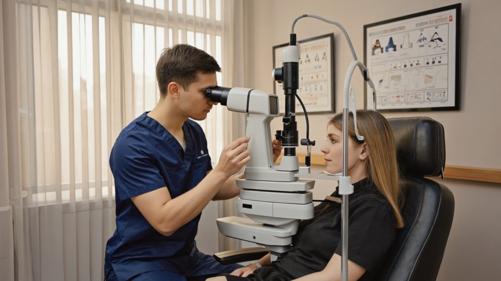 An eye specialist fitting a scleral lens for a female patient using a slit lamp during a custom contact lens evaluation
