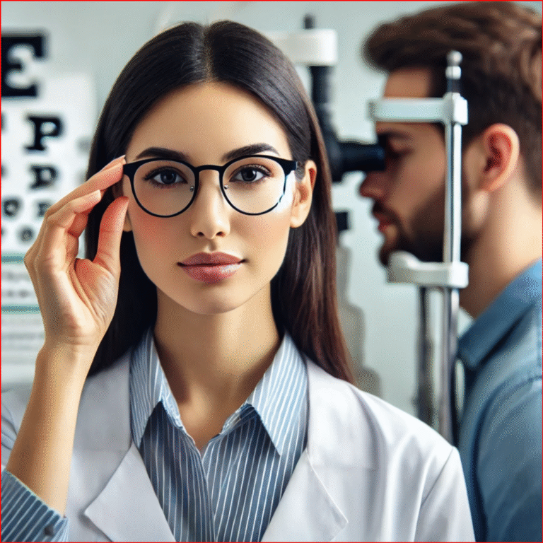Female optometrist adjusting glasses in front of an eye exam machine
