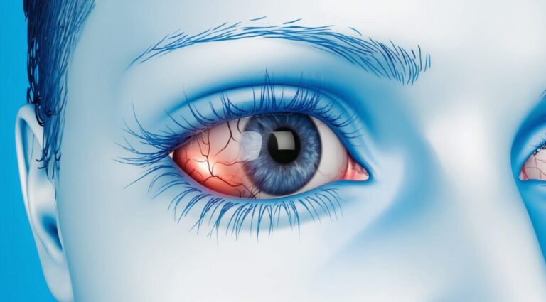 Illustration of a human eye with visible redness and inflammation, representing Demodex mite infestation on the eyelids.