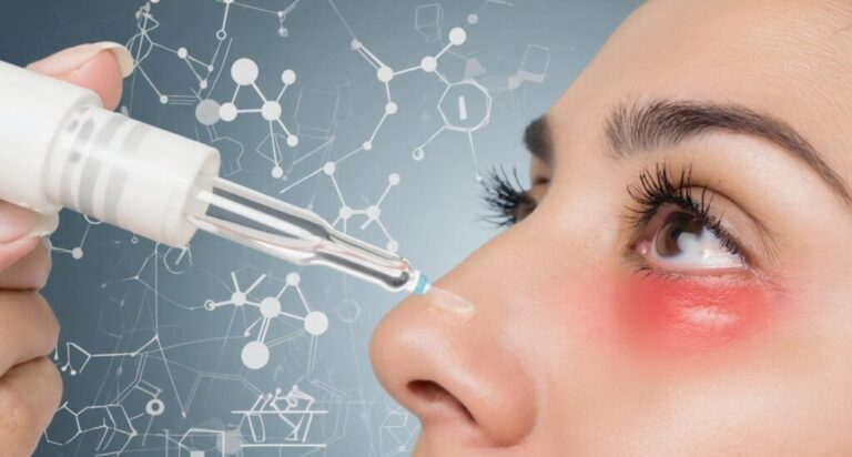 Close-up of a woman with red, irritated eyes receiving eye drops, symbolizing chronic dry eye treatment with a scientific molecular background.