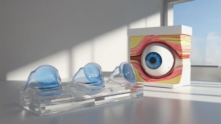 Custom-designed scleral lenses displayed next to an anatomical eye model, illustrating a non-surgical solution for ptosis and nerve-related eyelid drooping.