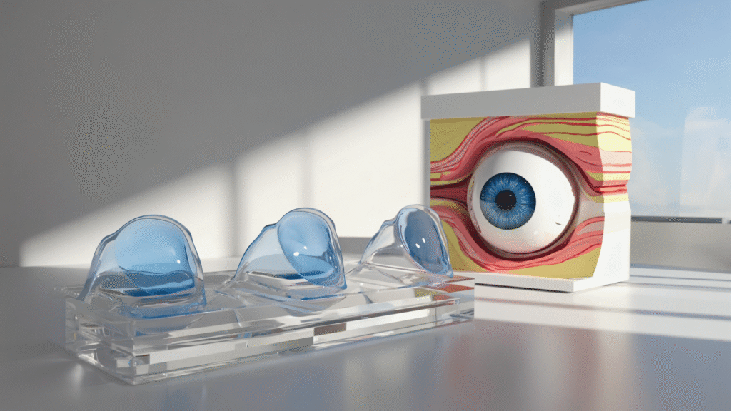 Custom-designed scleral lenses displayed next to an anatomical eye model, illustrating a non-surgical solution for ptosis and nerve-related eyelid drooping.