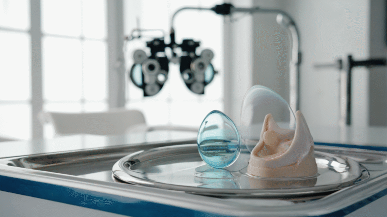 A pair of therapeutic scleral lenses resting on a tray next to an anatomical corneal model in a clinical setting, symbolizing recovery after corneal trauma.