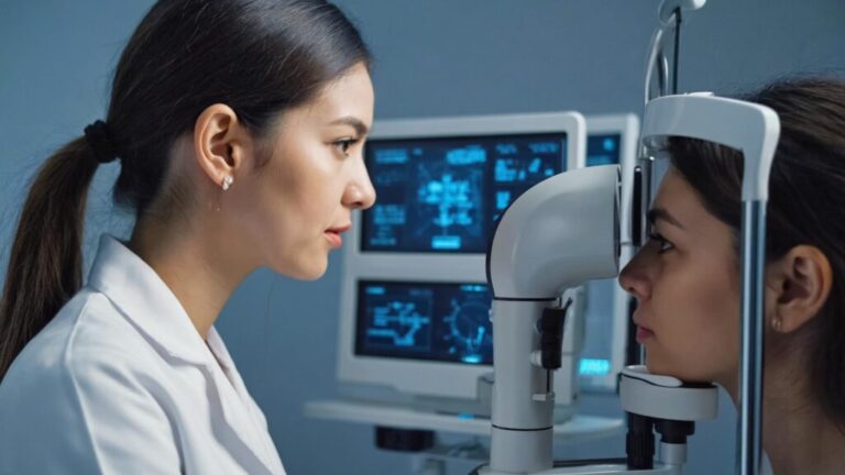 Female optometrist performing binocular vision test on a young woman using advanced eye exam equipment