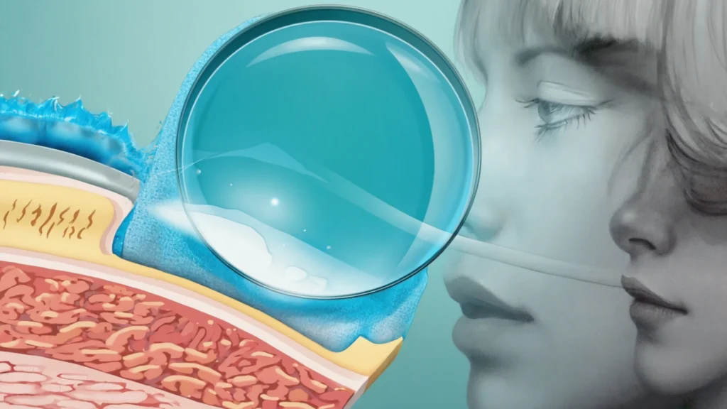 Illustration d’une lentille sclérale reposant sur la sclère et enveloppant la cornée d’un bain de liquide protecteur