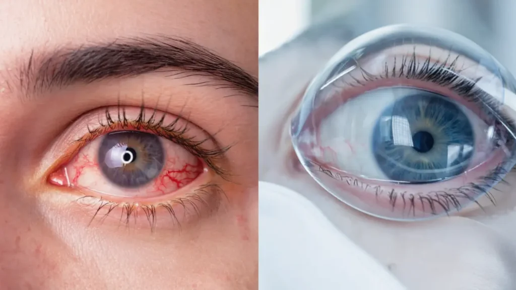 Eye with a scleral lens symbolising advanced therapeutic lenses for post‑laser surgery complications