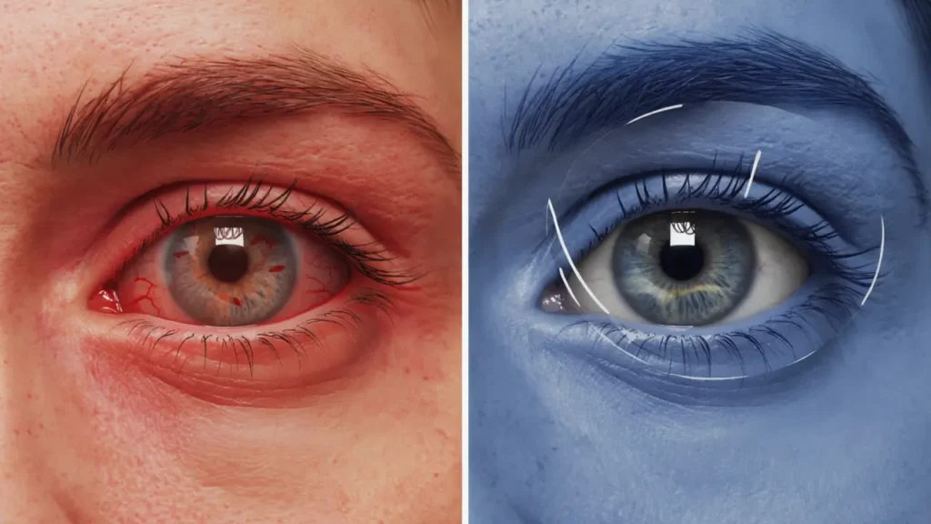 Irritated eye due to ocular GVHD contrasted with a protected eye wearing a scleral lens