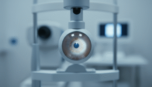 תקריב של עין עם בליטה בקרנית המדמה קרטוקונוס מתקדם במסגרת טיפול במרפאת עיניים מתקדמת