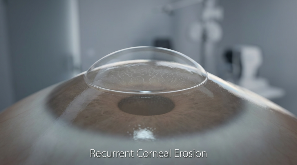 תקריב של הקרנית עם עדשה סקלרלית המדגימה שכבת נוזל והגנה במצבים של שחיקות קרנית חוזרות (RCE) הקשורות ל-EBMD.